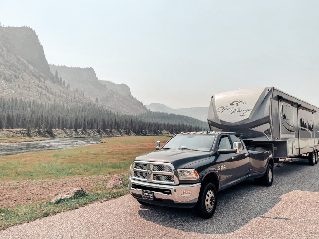 Fifth wheel RV parked in Yellowstone National Park