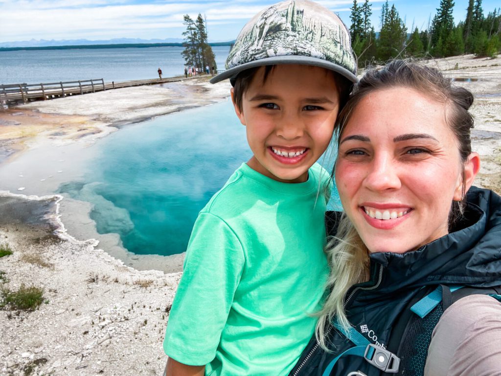 Mother and son enjoying Yellowstone National Park
